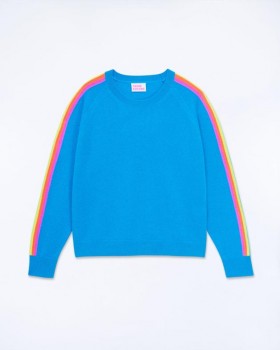  Suéter gola redonda Future com listras multicoloridas azul tropical | Suéteres de cashmere gola redonda femininos