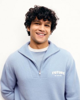  Suéter Future Future com gola alta e zíper até o peito, cinza e azul | Suéteres masculinos com gola alta e zíper até o peito