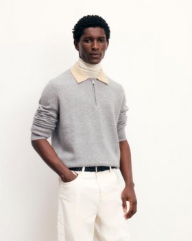  Suéter de gola alta bicolor com zíper e estampa "Da Future" em cinza mescla escuro | Suéteres masculinos de cashmere com decote em V e gola alta