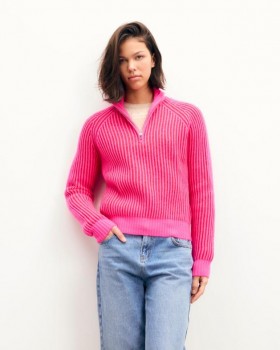 Suéter Future Two-Tone Yarn com decote em zíper até o peito, vermelho paixão | Suéteres femininos com decote em zíper até o peito