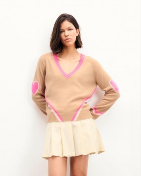  Pulover cu decolteu în V din cașmir, culoare camel tropical, de la Future Hearts And Stripes | Pulovere pentru femei cu decolteu în V din cașmir