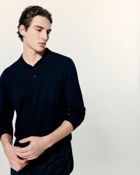  Pulover cu guler polo simplu de la Future, bleumarin | Pulovere din lână merinos pentru bărbați