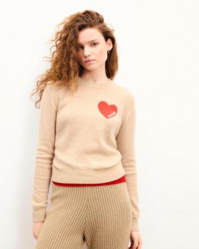  Sveter s okrúhlym výstrihom od Future s výšivkou srdca Future Heart Beige | Dámske kašmírové svetre s okrúhlym výstrihom