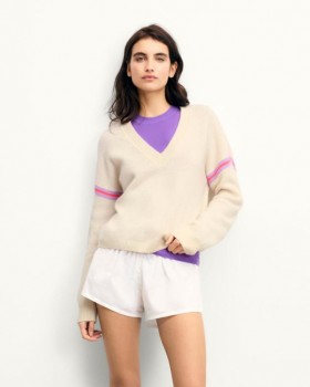 Suéter de cuello en V de From Future con rayas bicolor y mangas blancas | Suéteres de cachemir con cuello en V para mujer