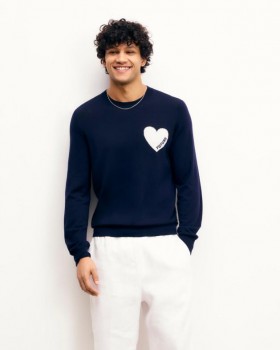  From Future Geborduurde Hart Ronde Hals Trui Marineblauw | Heren Merino Wol Truien