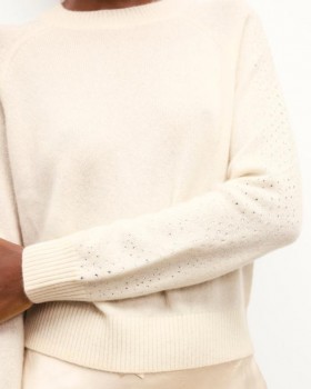  Pull col rond en cachemire blanc à rayures strass From Future | Pulls col rond en cachemire pour femme