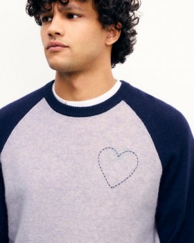  From Future Pullover mit Herzstickerei, Hellgrau meliert | Herren-Kaschmirpullover mit Rundhalsausschnitt