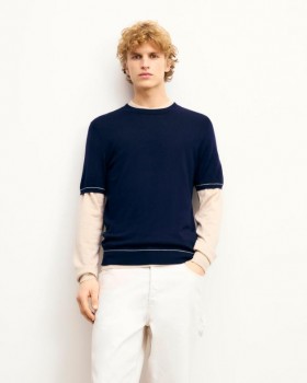  From Future Pullover mit Rundhalsausschnitt und kurzen Ärmeln, Marineblau | Herrenpullover aus Merinowolle