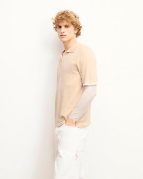  Zweifarbiger Polo-Pullover mit Reißverschluss von Future, hellbeige | Herrenpullover aus Merinowolle
