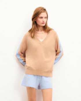  Oversized-Pullover mit V-Ausschnitt und gestreiften Ärmeln von Future, tropisches Kamel | Kaschmirpullover mit V-Ausschnitt für Damen