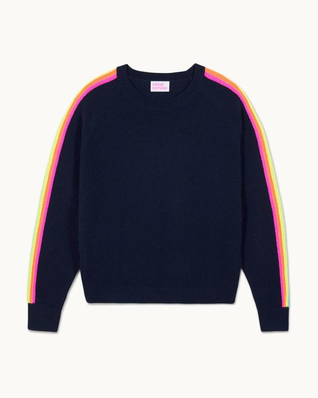 From Future Crewneck Sweater Med Flerfarvede Striber På Ærmerne Marineblå | Dame Sommerstrik